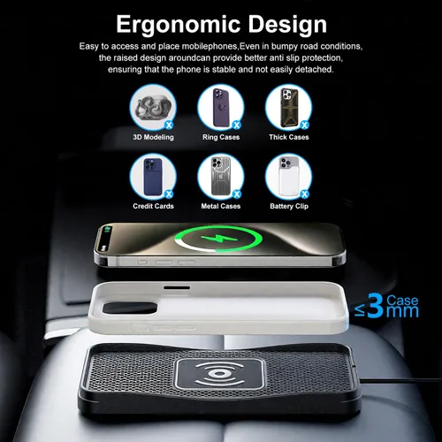 Miniatura 5 de Cargador inalámbrico para automóvil, cargador inalámbrico máximo de 15 W para automóvil, almohadilla de carga antideslizante compatible con iPhone