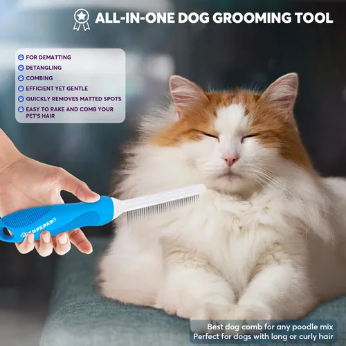 Miniatura 5 de GENPEPADO Peine de aseo para perros y gatos con dientes finos de metal de acero inoxidable largos y cortos para desenredar el cabello enmarañado