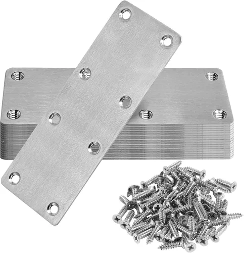 Soporte plano recto de 140 x 50 x 2 mm, placa de reparación plana plateada Masendelk de acero inoxidable para fijación de esquina de muebles de