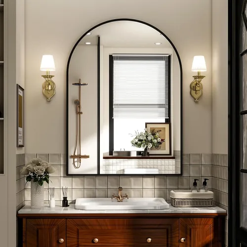 Espejo de Baño con Arco, Espejo de Baño Arqueado de 20x30 pulgadas/Espejo de Tocador Montado en la Pared - Espejo de Pared con Marco de Metal Negro