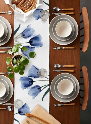 Miniatura 2 de Camino de mesa floral de tulipán azul, algodón y lino, pequeñas bufandas de 36 pulgadas, diseño rústico de flores para cocina, café, mesa