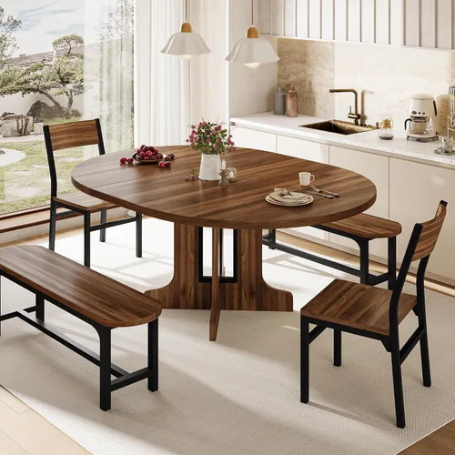 Miniatura 11 de iPormis Juego de mesa de comedor redonda de 5 piezas para 4-6, juego de mesa de comedor extensible de 59 pulgadas con 2 sillas ergonómicas y 2 Blanco