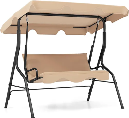 RELAX4LIFE Silla columpio para porche para 3 personas, columpio para exteriores con toldo ajustable, cojín extraíble y soporte de marco de metal,