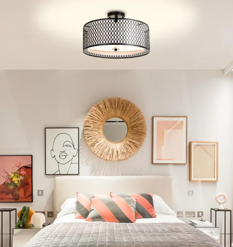 Miniatura 8 de Lámpara de techo semiempotrada de 17 pulgadas, moderna iluminación de techo E26 de doble tambor de 3 luces con jaula de malla de hierro negro mate