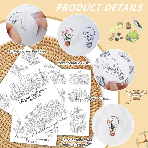 Miniatura 3 de Estabilizador Soluble en Agua para Bordado - Patrón de Flores Bíblicas Pegar y Bordar, Papel de Bordado que se Disuelve, Patrones de Costura a Mano