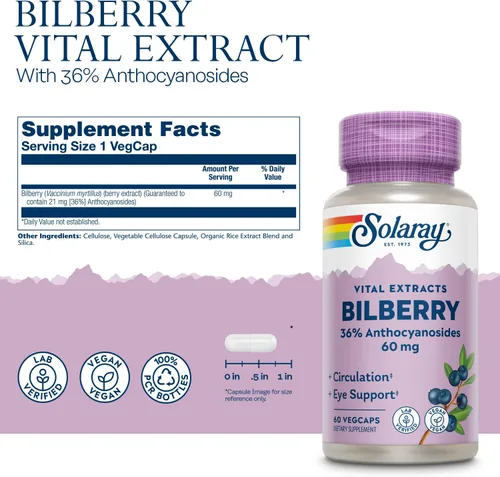 Miniatura 2 de SOLARAY Extracto de bayas de arándano 60 mg Potente antioxidante Apoyo para la visión saludable y la circulación 60 cápsulas vegetales
