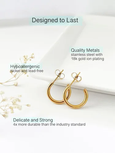 Miniatura 5 de Altitude Boutique Aretes de aro pequeños de oro de 18 quilates para mujer, aretes de tubo fino chapados en oro, ligeros, hipoalergénicos y gruesos