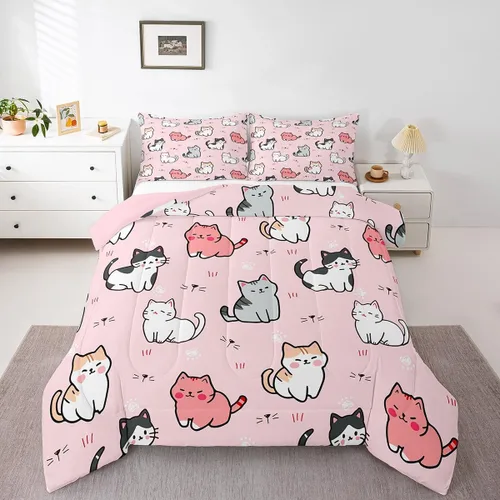 Miniatura 22 de Erosebridal Lindo juego de edredón de gato, tamaño individual, kawaii, fresa, juego de ropa de cama para niñas, diseño de arco iris, edredón rosa