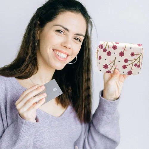 Miniatura 5 de LJCZKA Tarjetero de crédito para mujeres y niñas, con diseño de flores cortas, con cremallera y llavero, organizador de monedero pequeño, Ciruela
