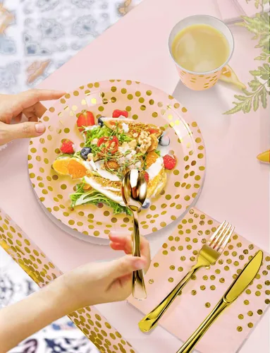 Miniatura 4 de Nkaiso 141 piezas de suministros de fiesta de oro rosa, los juegos de vajilla de fiesta incluyen platos de papel, servilletas, tazas y cubiertos