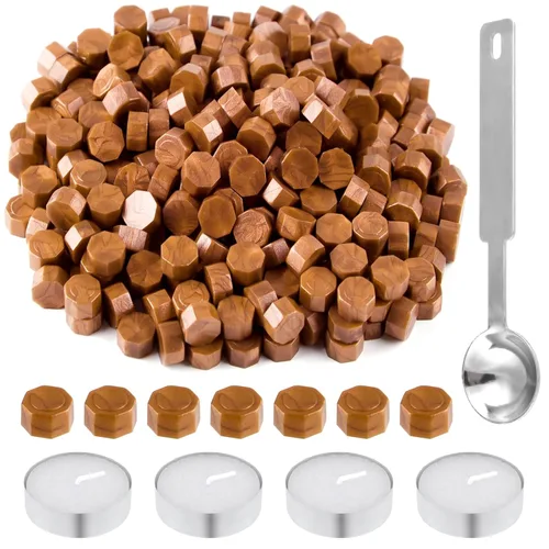 Miniatura 14 de 500 Pcs Cuentas de cera octogonales para sellado, cuentas de cera negras con 4 velas de té y 1 cuchara para derretir cera para manualidades, cartas
