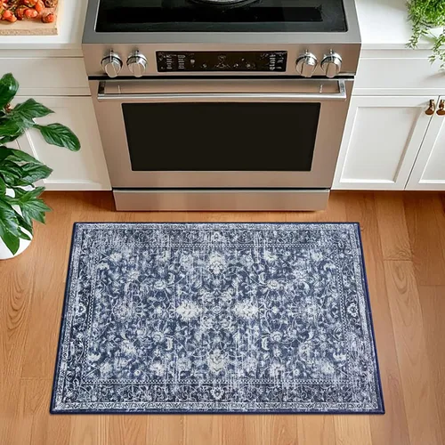 Miniatura 8 de KILOCOCO Alfombra lavable de 2 x 3 para entrada, estampado floral vintage, suave, antideslizante, azul, alfombras de cocina, tapete