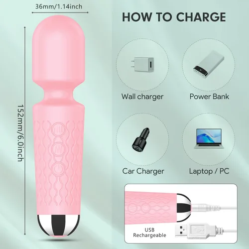 Miniatura 6 de Masajeador personal de espalda, masajeador de mano impermeable y recargable, 20 velocidades, 8 patrones, masaje de vibración, perfecto para Rosa