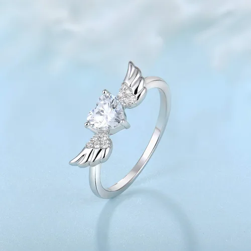 Miniatura 3 de STARCHENIE Anillo de compromiso de plata de ley 925 con forma de corazón y alas de ángel para mujer, talla 5-10