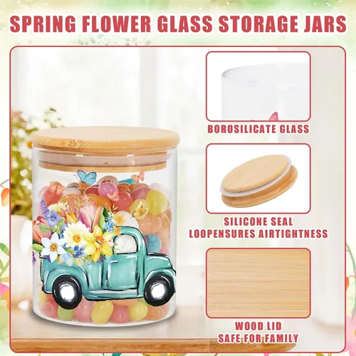 Miniatura 3 de JarThenaAMCS 3 Frascos de Almacenamiento de Vidrio Floral de Primavera con Tapa Hermética Tulipán Flor Gnomo Camión Mariposa Juegos de Recipientes
