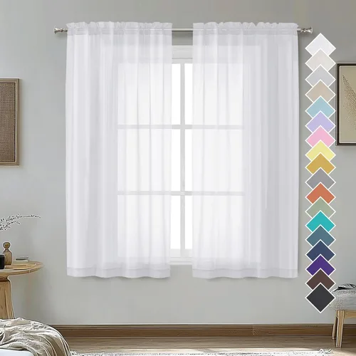 Miniatura 25 de OVZME - Cortinas traslúcidas blancas de 45 pulgadas de largo, 2 paneles, cortinas de gasa con bolsillo para barra para ventanas pequeñas, cada una