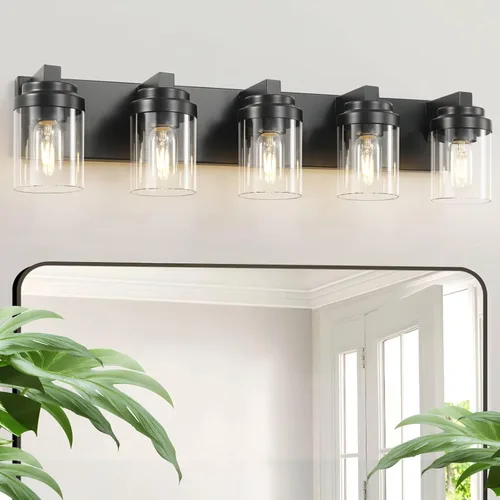 Miniatura 10 de Luces de tocador, lámparas de baño de 38 pulgadas sobre espejo, 6 luces de tocador de baño con pantalla de vidrio transparente, lámparas de pared