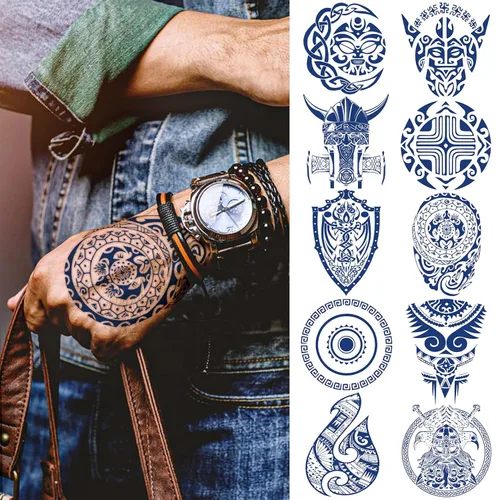 10 tatuajes vikingos celtas nórdicos para la parte posterior de las manos y los antebrazos, tatuajes tribales de Bule para la cara, fiesta vikinga,