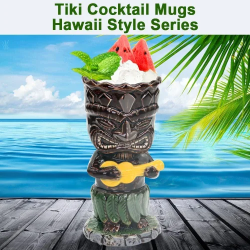 Miniatura 5 de SuproBarware Tiki - Juego de tazas de cóctel de 10.1 fl oz, coloridas tazas de cóctel de cerámica, decoración hawaiana para fiestas exóticas