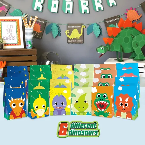 Miniatura 6 de Mocoosy 24 bolsas de recuerdo de fiesta de dinosaurios, bolsas de regalo para niños para suministros de cumpleaños, bolsas de golosinas