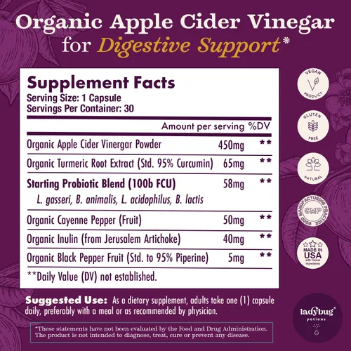 Miniatura 2 de Vinagre de sidra de manzana orgánico, 30 cápsulas de vinagre de sidra de manzana crudo, pastillas ACV con extracto de raíz de cúrcuma, mezcla