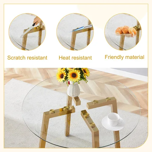 Miniatura 6 de Moderna y lujosa mesa de comedor redonda de vidrio templado con 7 patas de metal doradas en forma, adecuada para comidas familiares, conferencias
