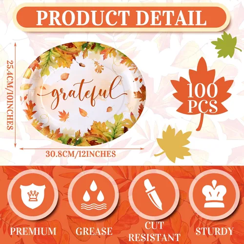 Miniatura 2 de Tioncy 100 Piezas Platos Ovalados Desechables de Papel de 10'' x 12'' de Acción de Gracias Platos Ovalados Grandes de Hojas de Otoño Vajilla