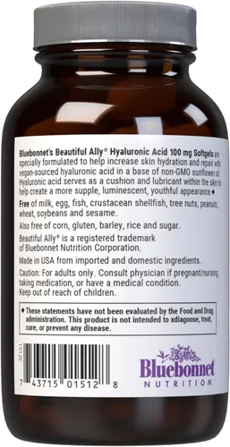 Miniatura 4 de Bluebonnet Nutrition Beautiful Ally - Ácido hialurónico de 100 mg, nutre la piel radiante*, sin OMG, sin gluten, sin soja, 90 cápsulas blandas, 90