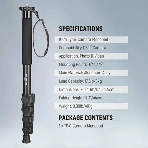 Miniatura 7 de NEEWER Soporte monopie para cámara de 61 pulgadas/61.0 in, poste monopie portátil de video de viaje de aleación de aluminio con adaptador