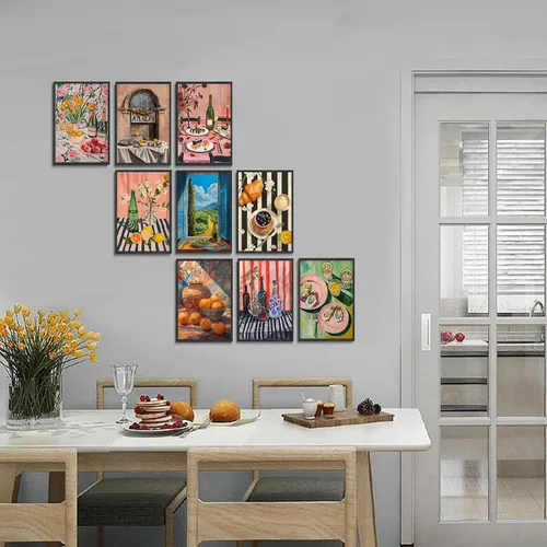 Miniatura 3 de 9 piezas de arte de pared de cocina coloridos alimentos para decoración de pared, fotos, bebidas, frutas, bar, carrito, lienzo, impresiones