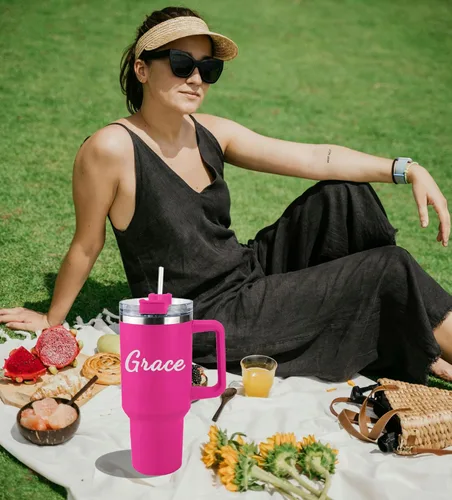 Miniatura 4 de Se envía al día siguiente, vaso térmico de 40 onzas con asa y sorbete con flor de nacimiento, vaso personalizado con nombre, taza aislada Vaso