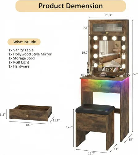 Miniatura 2 de ARTETHYS Escritorio pequeño con espejo y luces, tocador de maquillaje rústico pequeño con silla de almacenamiento, juego de mesa de maquillaje