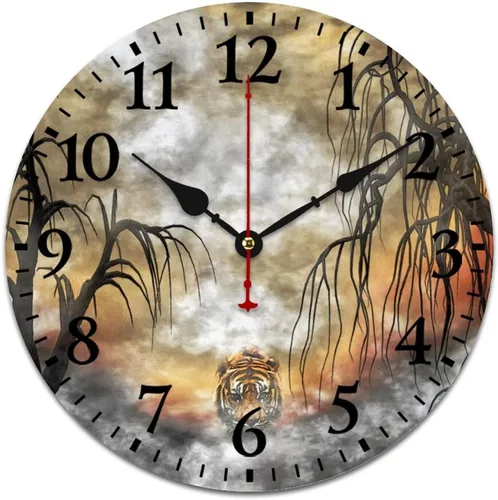 Miniatura 11 de Reloj de pared de madera de 12 pulgadas, reloj de pared de tigre majestuoso, movimiento de cuarzo, rayas de números arábigos, animales, vida Patrón 8