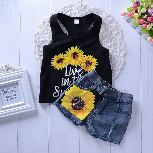Miniatura 2 de Bbay - Conjunto de ropa de verano para niñas de 2 a 7 años de edad, chaleco a rayas con volantes, camiseta y pantalones cortos