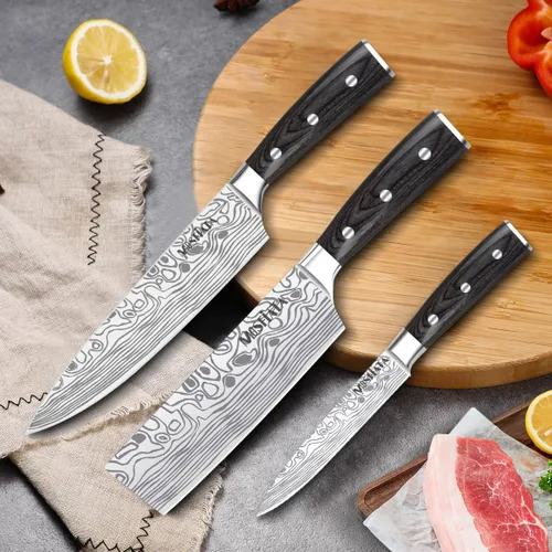 Miniatura 7 de MOSFiATA Juego de Cuchillos de Chef Profesional con Acero Inoxidable Alemán de Alto Carbono Juego de Cuchillos de Cocina de 3 Piezas con Protector