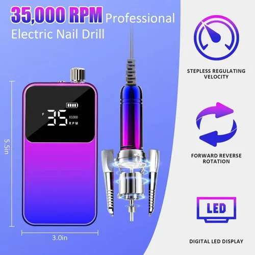 Miniatura 3 de Taladro de uñas eléctrico profesional, portátil, 35000 rpm, color degradado, lima de uñas eléctrica con pantalla LCD, taladros de uñas recargables