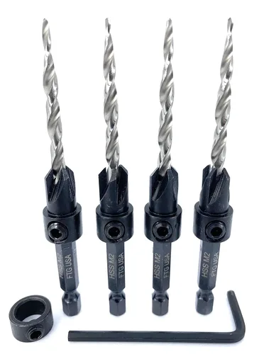 Miniatura 20 de FTG USA Juego de 12 brocas avellanadoras #8 (11/64 pulgadas) con collar de tope de profundidad, llave hexagonal, brocas cónicas para madera