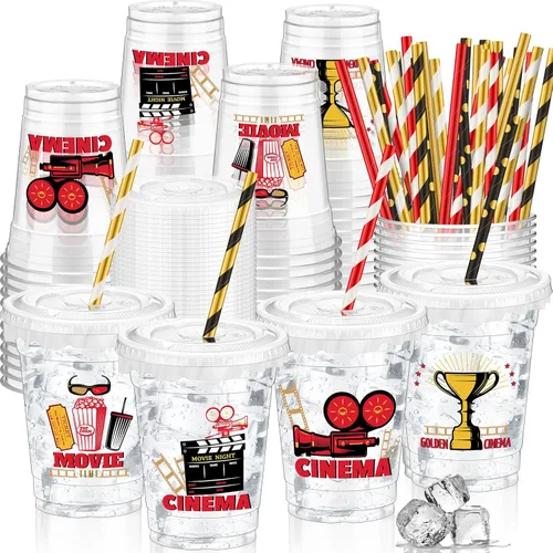 FoldTier 50 piezas de tazas para noche de cine 12 oz Tazas de plástico desechables con pajitas y tapas, tazas transparentes para cine, tazas de