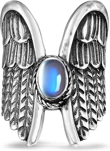 Anillo grande de plata de ley S925 con alas de ángel y piedra lunar, anillo de dedo índice, anillo retro vintage punk gótico, gema de motociclista