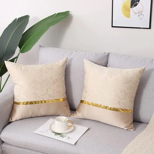 Miniatura 2 de Juego de 2 fundas de almohada decorativas de 20 x 20 pulgadas, de cuero beige dorado a rayas, jacquard, funda de cojín cuadrada moderna de lujo