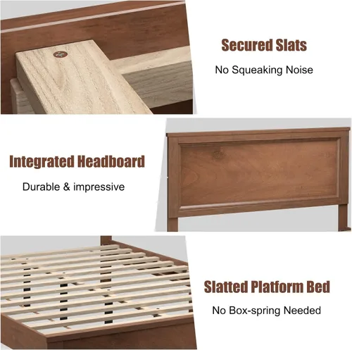Miniatura 6 de KOMFOTT Armazón de Cama de Plataforma de Madera Tamaño Twin con Cabecero, Cama de Plataforma de Madera de Mediados del Siglo con Soporte de Listones