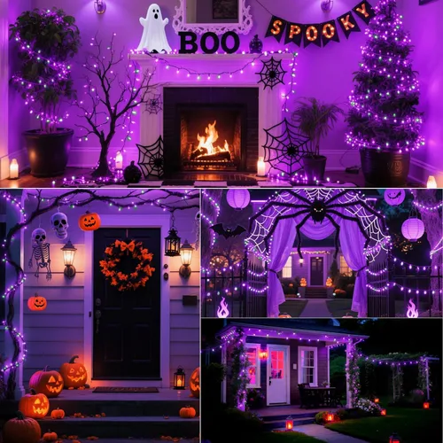 Miniatura 8 de Luces de cadena navideñas mini de 100 unidades en morado y verde, con certificación UL, equipadas con 8 modos de iluminación, perfectas para patios