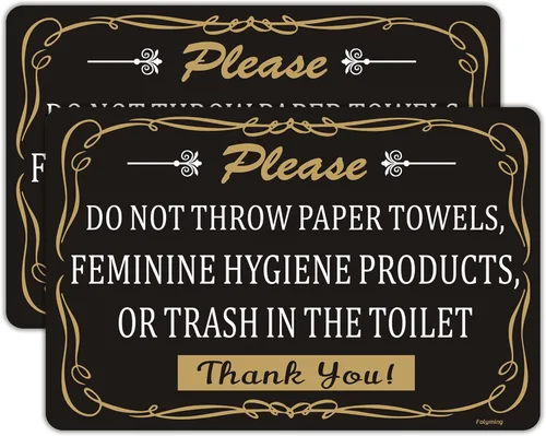 Paquete de 2 toallas de papel con texto en inglés "Do Not Throw Paper", productos de higiene femenina o basura en el inodoro, letrero autoadhesivo