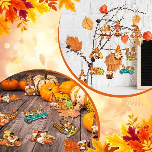 Miniatura 4 de FairySandy 36 piezas de decoración y adornos de árbol de otoño, gnomos de Acción de Gracias, adornos colgantes de madera, calabazas, hojas, flores