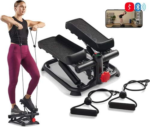 Sunny Health & Fitness Mini Steppers with Digital Monitor and Resistance Bands, Compact Low-Impact Cardio Machines for Home Workouts Negro