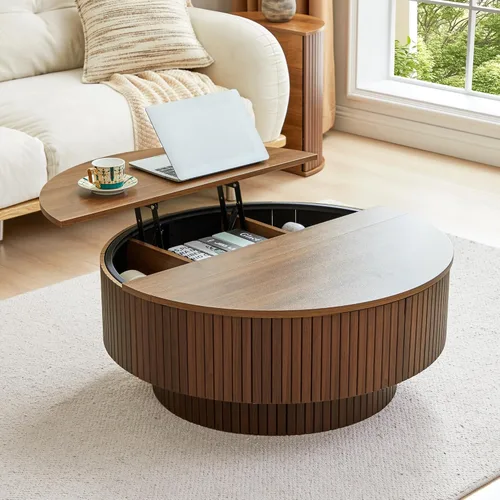 Miniatura 10 de Mesa de café redonda de 31.5", Mesa de centro moderna con acento acanalado y marco de metal, mesas de café de madera redondas para sala de estar