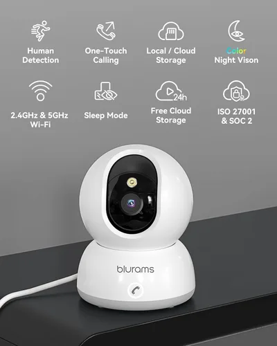Miniatura 2 de blurams Cámara interior 5G, cámara de niñera 2K, cámara PTZ de 360° para mascotas con aplicación de teléfono, llamada de un solo toque, visión