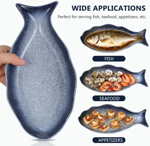 Miniatura 2 de Cabilock Plato de cerámica con forma de pescado de 12 pulgadas, plato de pescado al vapor de porcelana azul, plato profundo de mariscos para sushi