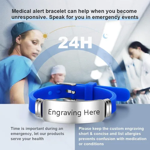 Miniatura 134 de OPALSTOCK Pulseras médicas personalizadas de silicona ajustable para identificación de emergencias, grabado gratuito, 9 pulgadas, resistente al