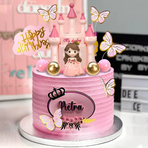 Miniatura 6 de 19 piezas Decoración de pastel de princesa con castillo, mariposas y bolas para suministros de cumpleaños de princesa (rosa)